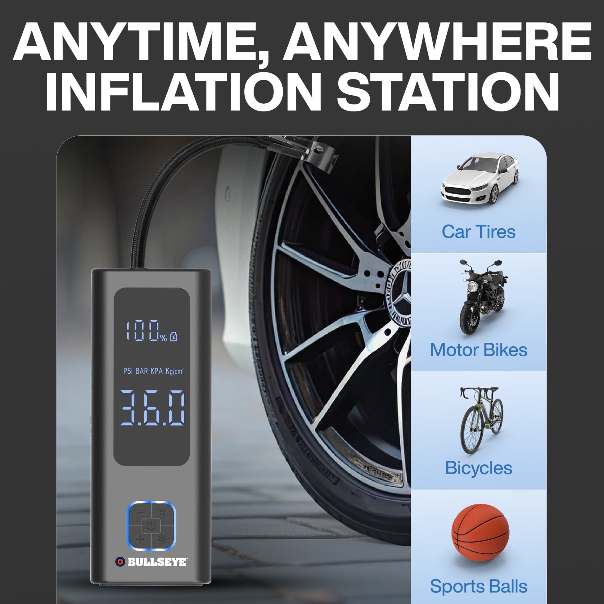 Pocket Air Tire Inflator Powerbank 100 PSI Electric Air Compressor Portable Pump for Car Bike LED Pressure Gauge