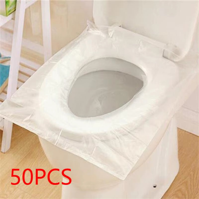 50-Pack Disposable Waterproof and Non-Slip Plastic Toilet Seat Covers, Individually Wrapped for Travel Use